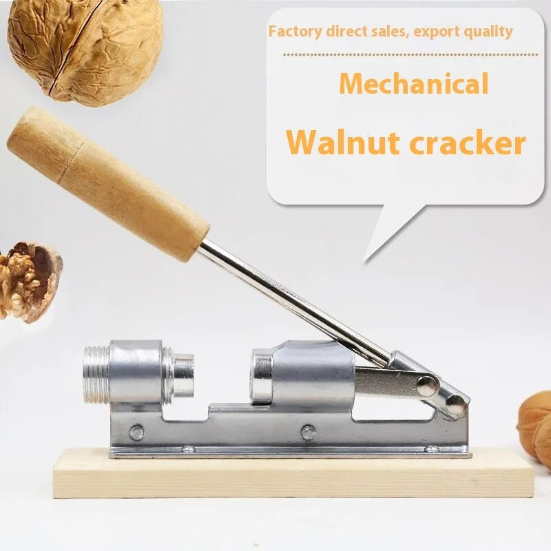 Mechanical walnut cracker tool with wooden board base and aluminium lever mechanism