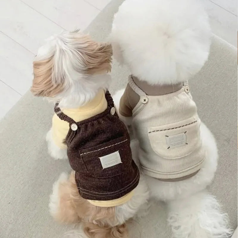 Solid-colour corduroy pet vest with wool Sherpa collar for small dogs, available in brown and white size XS to XXL