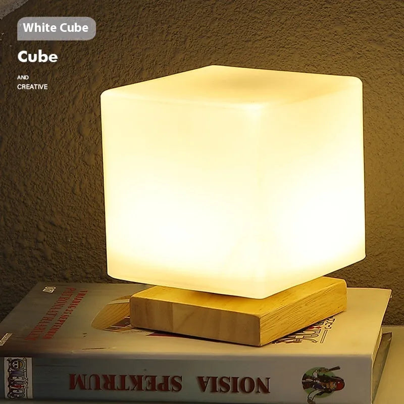 Nordic style wooden USB table lamp with flower-shaped base and cylindrical lamp head
