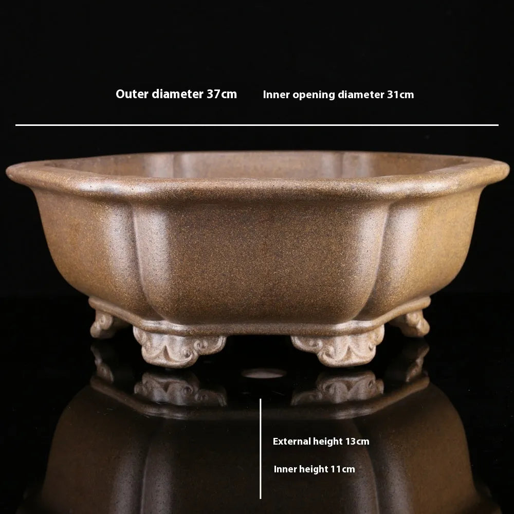 Handmade purple sand bonsai basin shown in hexagonal and begonia styles for Pinus taiwanensis cultivation