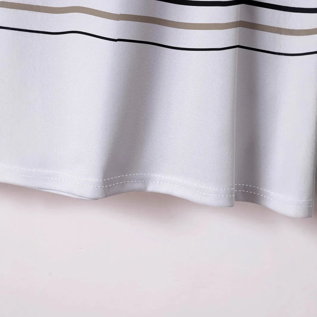 White striped men's short sleeve T-shirt on hanger showing slim fit styling