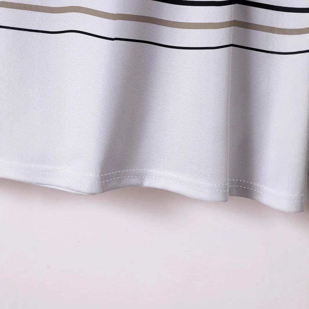 White striped men's short sleeve T-shirt on hanger showing slim fit styling