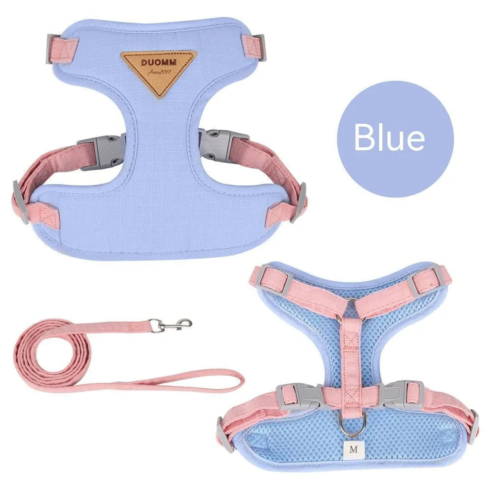Mesh dog harness chest strap and traction rope set in beige, blue, green, yellow for small dogs sizes XS to L