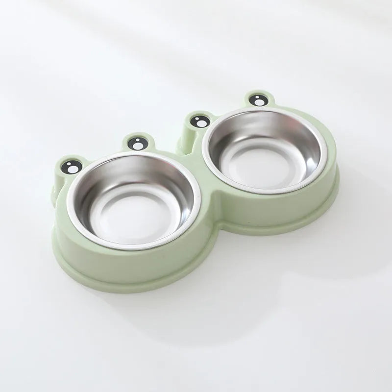 Stainless steel double pet bowl for food and water with a coloured silicone anti-slip base.