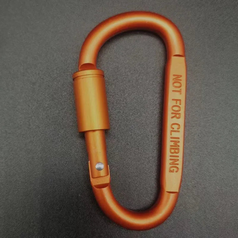 Silver D-shaped aluminium locking carabiner with an 8cm profile on a grey background.