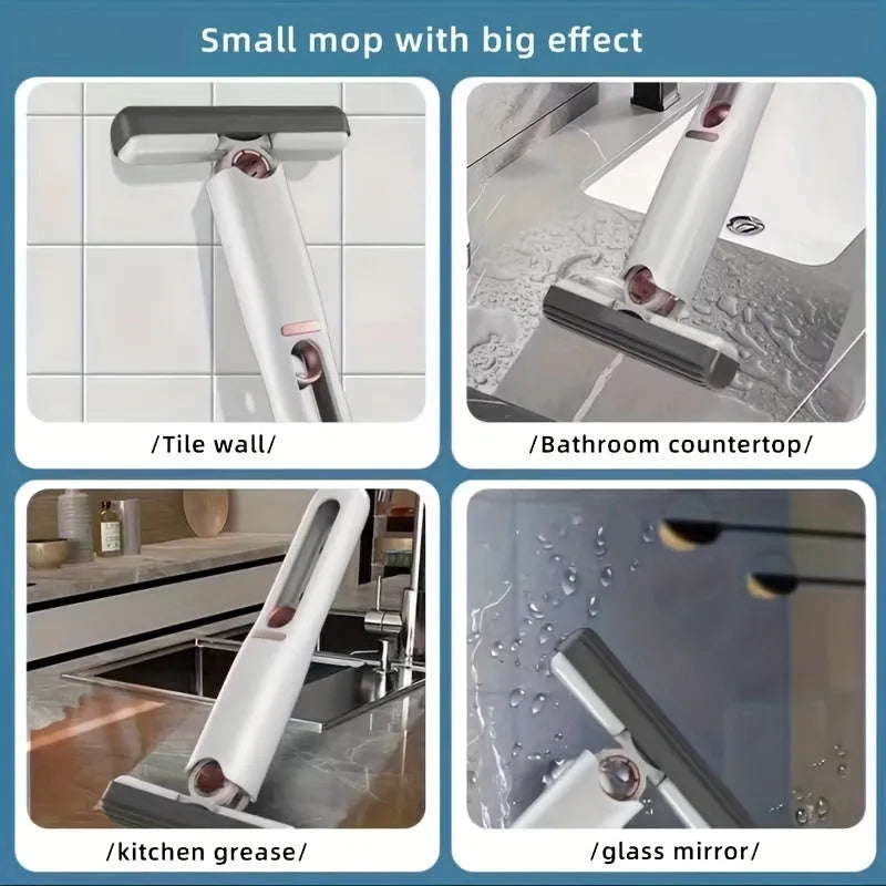 Portable self-squeeze mini mop with sponge head folded 180° for wringing, compact size for cleaning desk and window