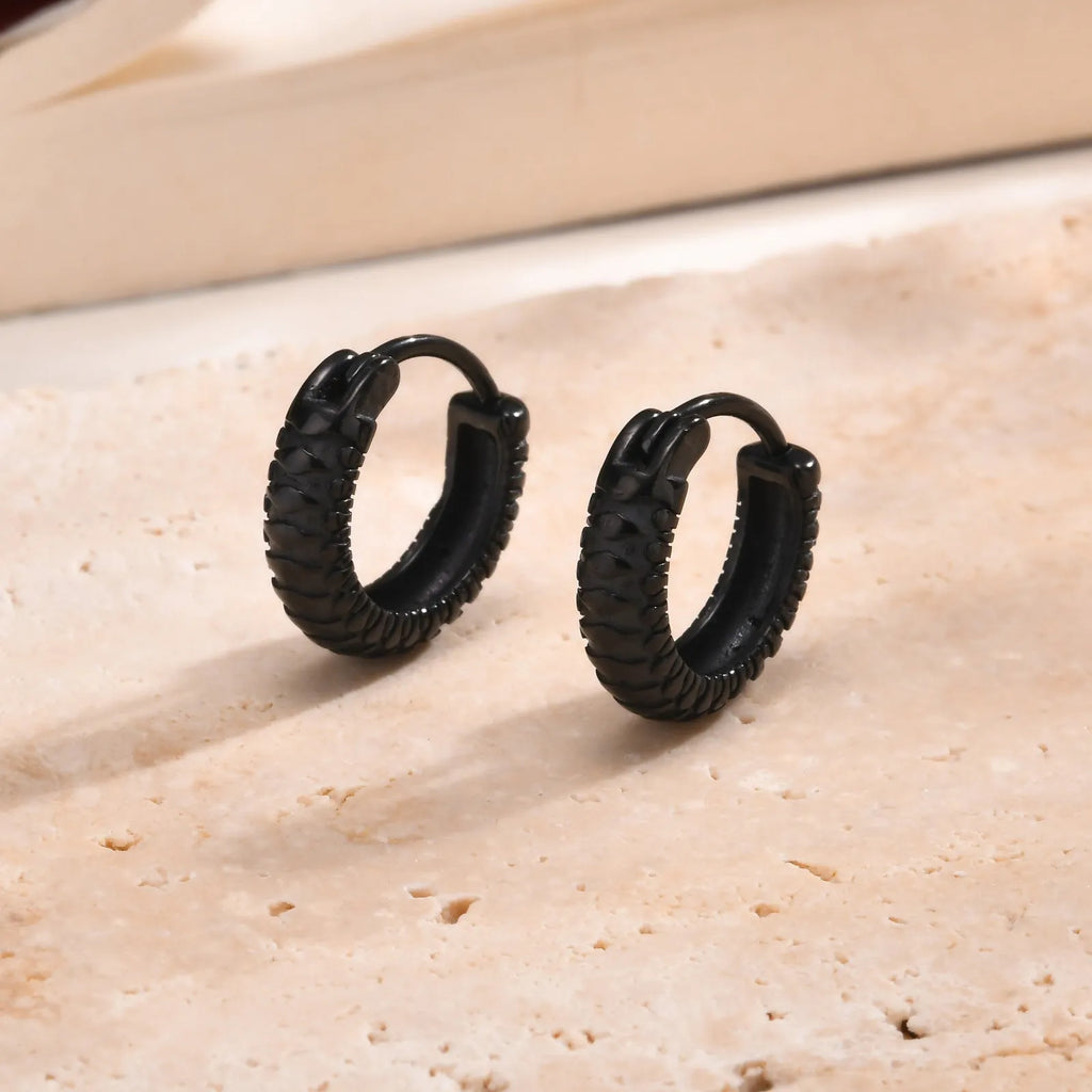 Stainless steel snake pattern earrings in black and gold finishes