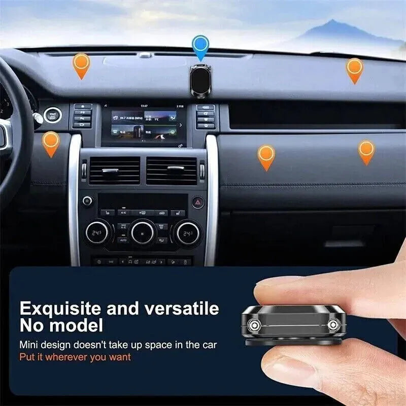 Chrome magnetic car phone holder dashboard mount folded and extended views showing foldable bracket and adhesive base