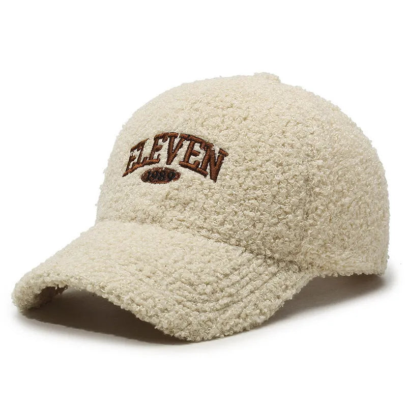 Adjustable winter baseball cap in polyester lambskin fabric showing dome crown style