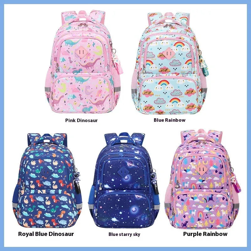 Blue children's Oxford cloth backpack with dinosaur print and curved shoulder straps.