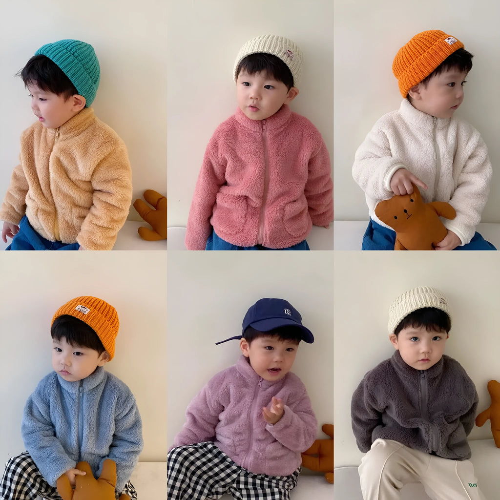 Kids sherpa fleece winter coat with full-zip front, standing collar, and elastic cuffs in solid colours