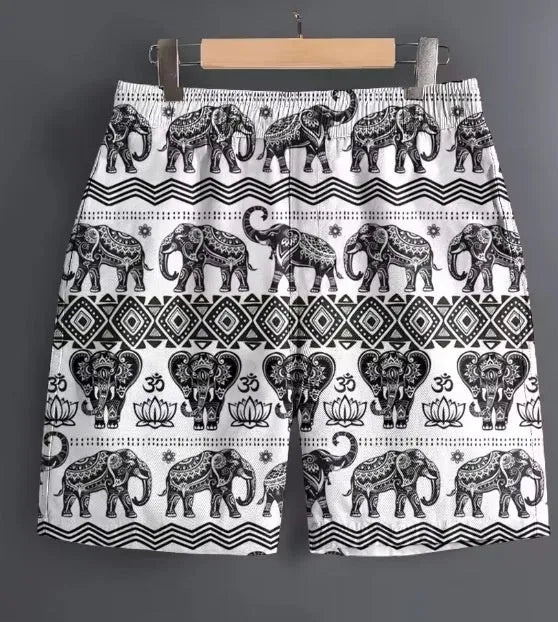 Men's casual striped and patterned polyester shorts for outdoor sports, shown in multiple sizes.