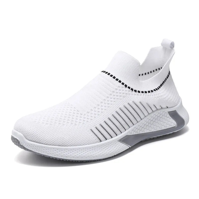 Men's black and white striped slip-on sneakers with lace-up front and mesh design.