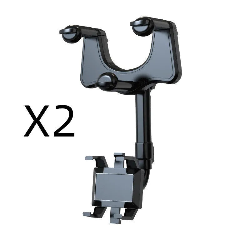 Black rearview mirror car phone holder with rotating head and four gripping claws extended.