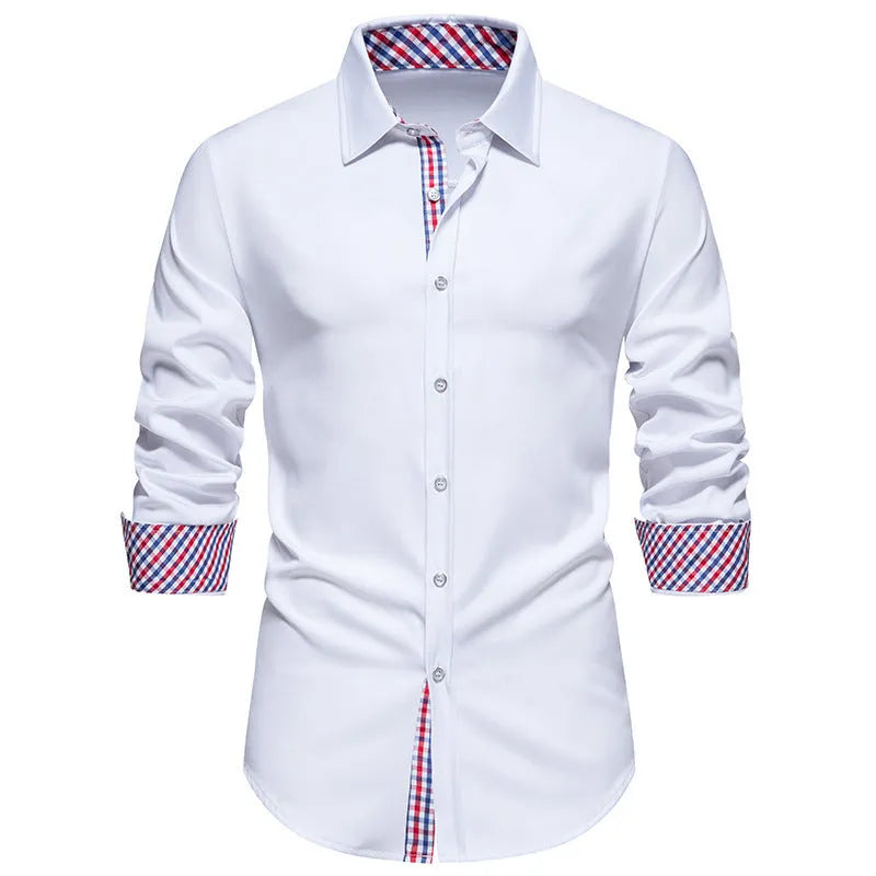 Men's loose fit plaid long-sleeved shirt in chemical fibre blend fabric available in white, black and wine red colours