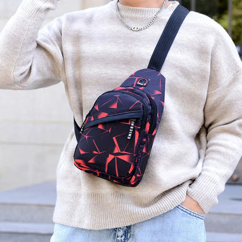 Print sling chest bag with earphone hole design in Oxford cloth, showing zipper opening and square vertical shape