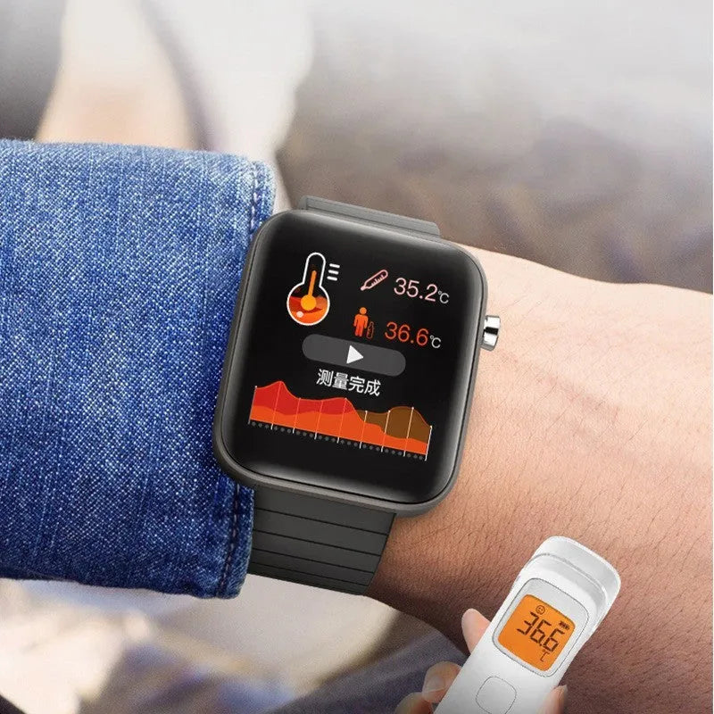 Black smart health monitoring bracelet with 1.54-inch touch screen displaying blood pressure and temperature readings