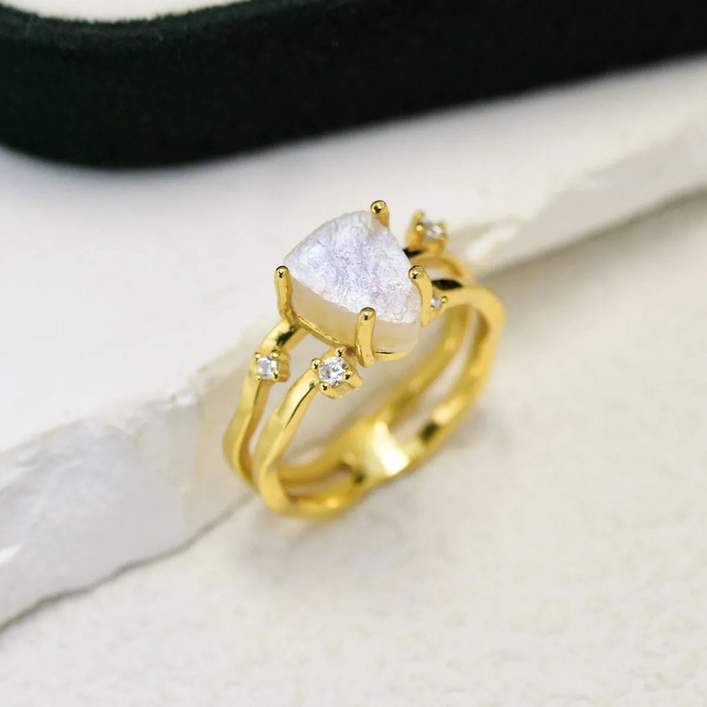 S925 silver irregular triangle moonstone ring in rose gold finish on white background