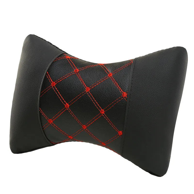 Black leather quilted car headrest pillow with diamond check pattern for cervical neck support
