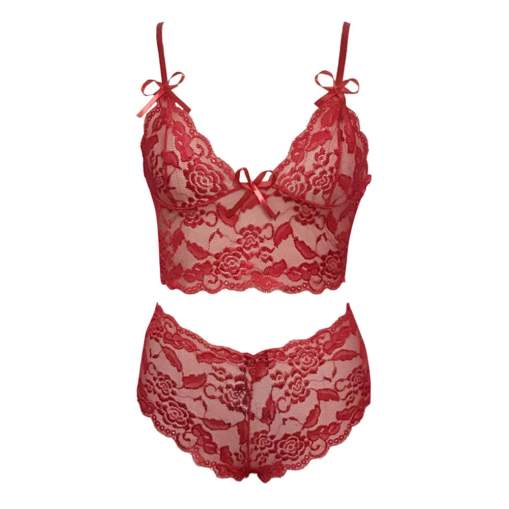 Women's see-through lace sling wrap bra and matching g-string panty set in black colour
