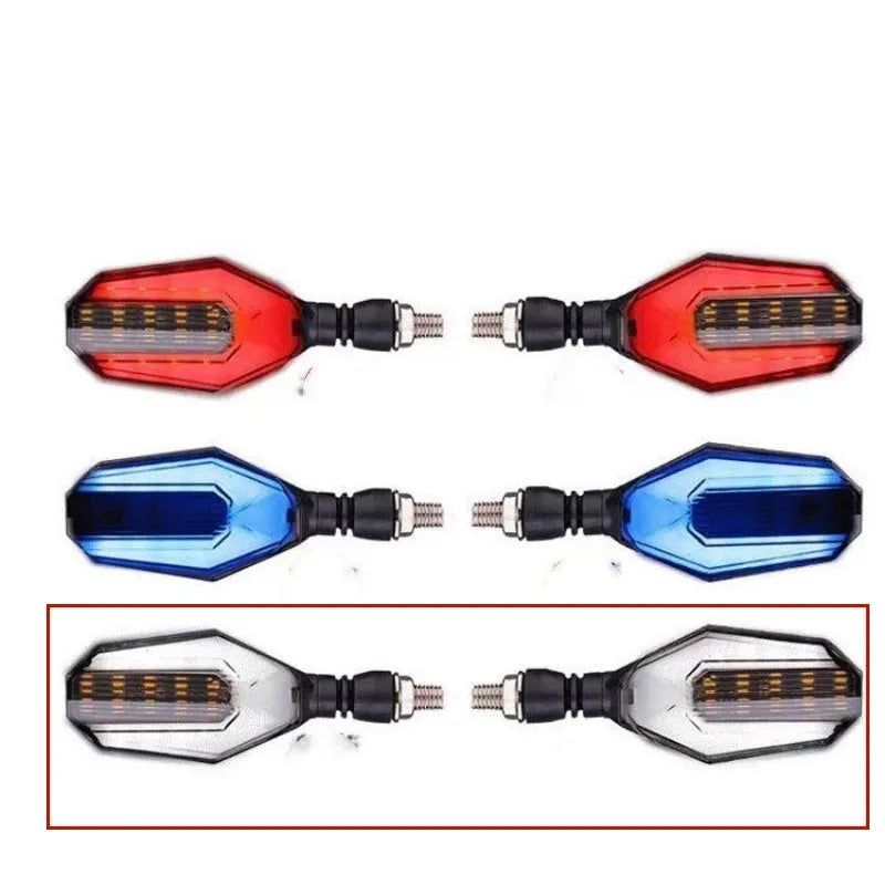 Motorcycle modified two-colour light guide 30 LED steering indicator signal set showing light guide colours