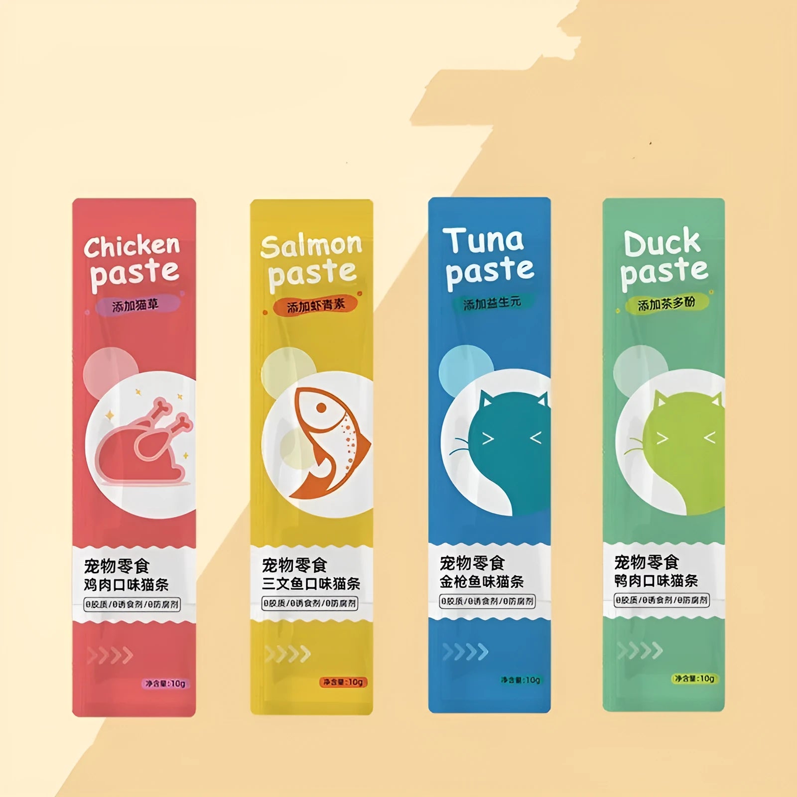Pack of 10 cat snack strips in four flavour varieties for kittens.