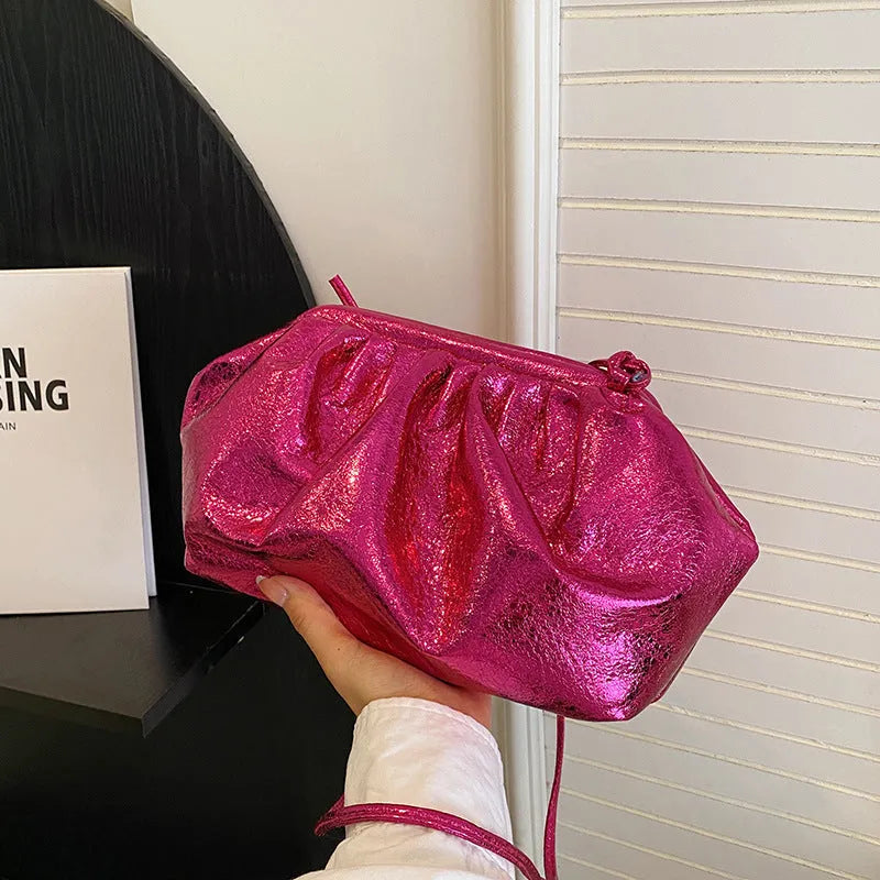 Simple PU shell shape shoulder crossbody bag with sewing line detail in rose red colour, front view
