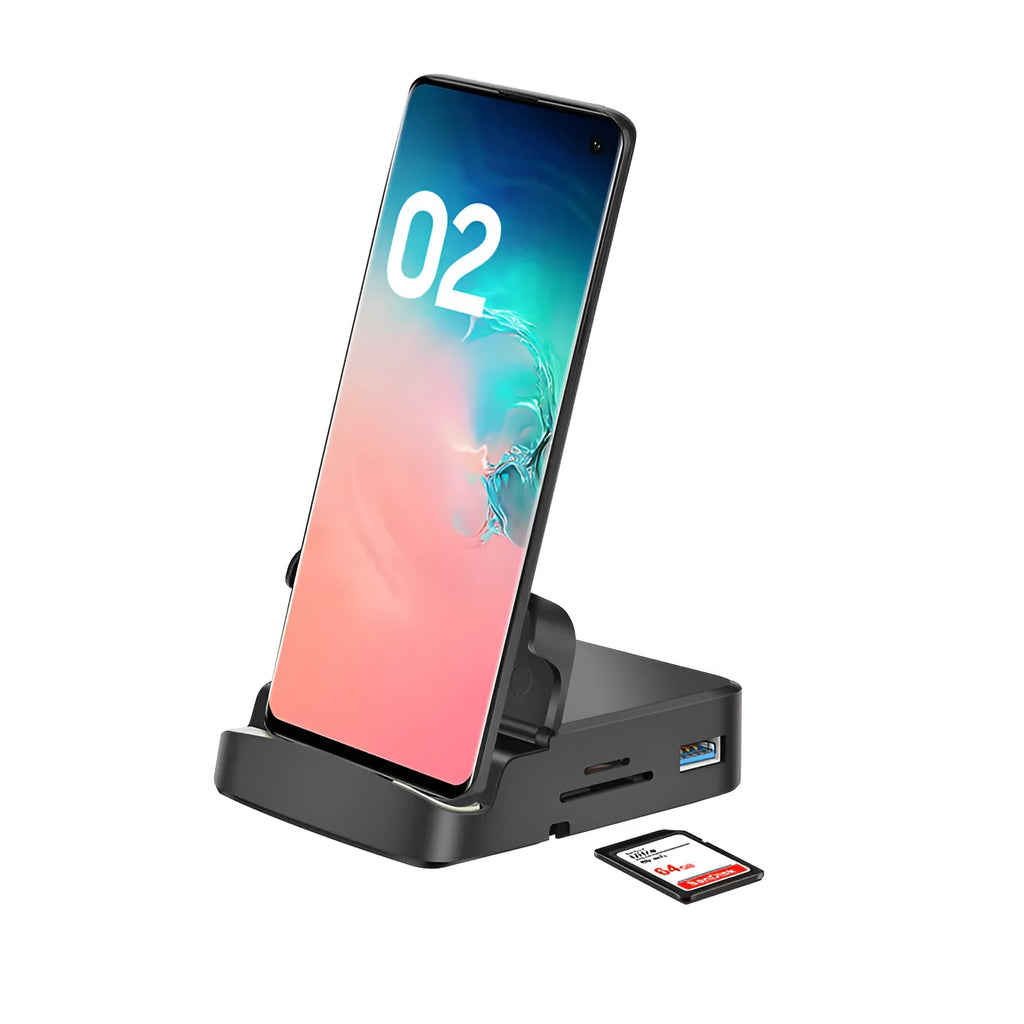 Black USB-C docking station with integrated bracket stand for laptops, featuring USB and HDMI ports, on a desk