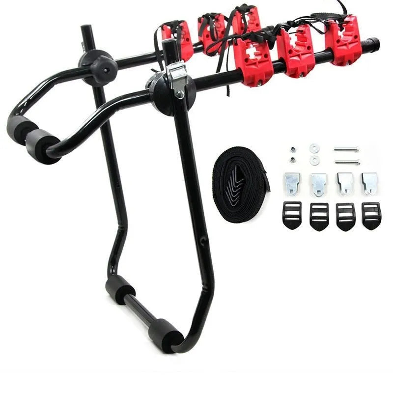 Black and red car boot mount bike rack showing iron frame with sponge padding and tie ropes.