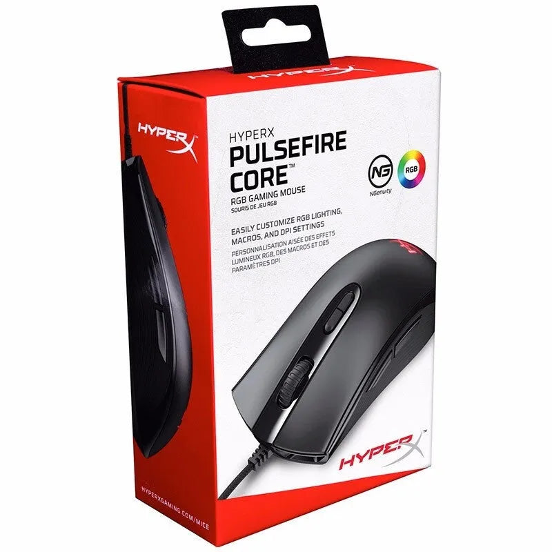 HyperX Pulsefire Core RGB wired gaming mouse in black and pink colours on a desk.