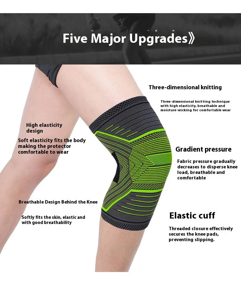 Outdoor sports kneecaps with four-sided elastic construction, shown in red, green, and orange colours, sized for tennis and athletic use