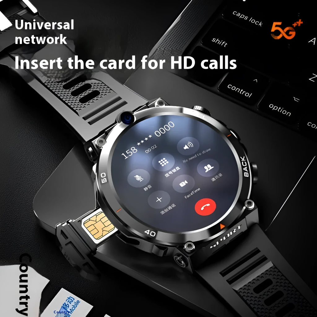 Sports smartwatch with dual cameras showing TFT touchscreen displaying heart rate monitoring and NFC functionality