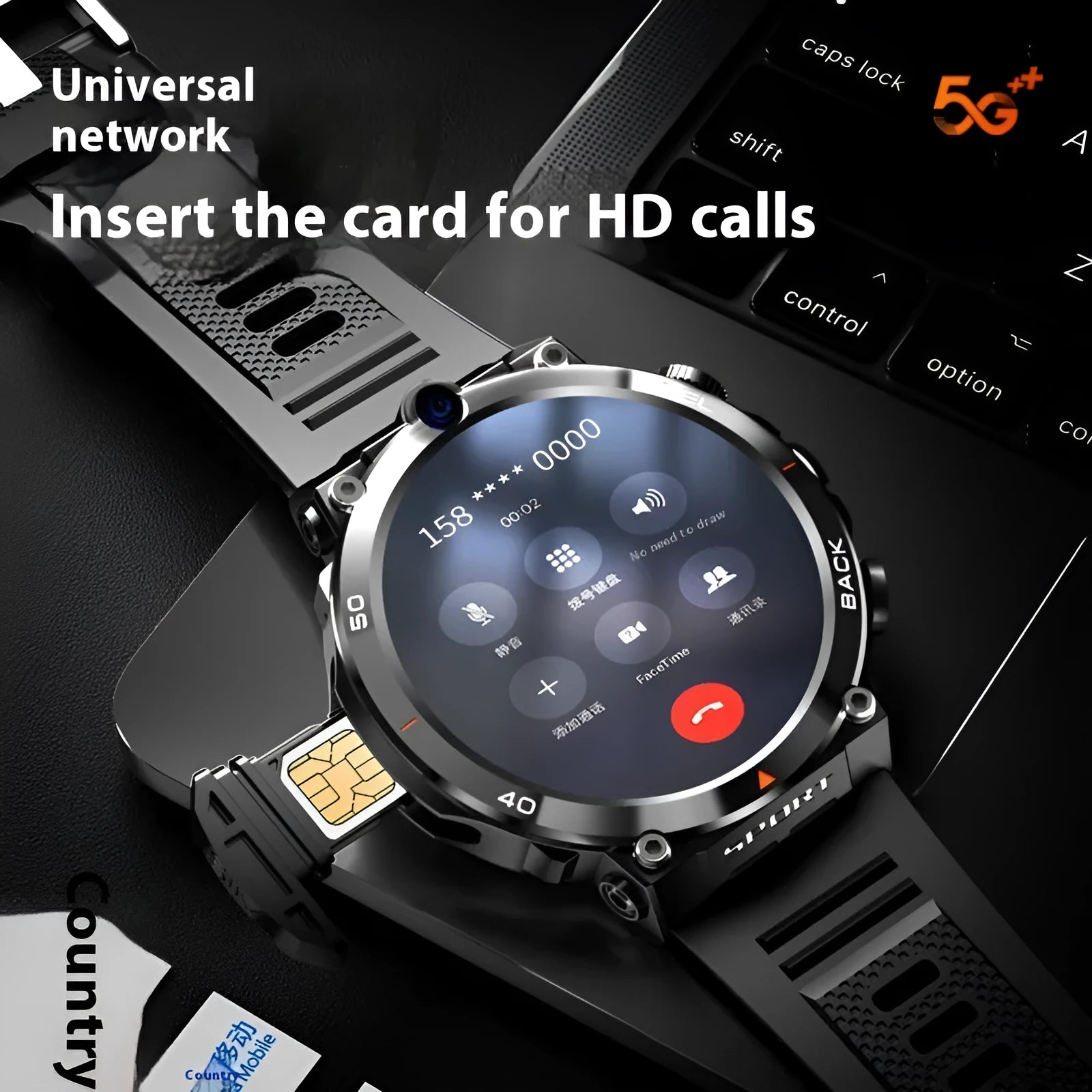 Sports smartwatch with dual cameras showing TFT touchscreen displaying heart rate monitoring and NFC functionality