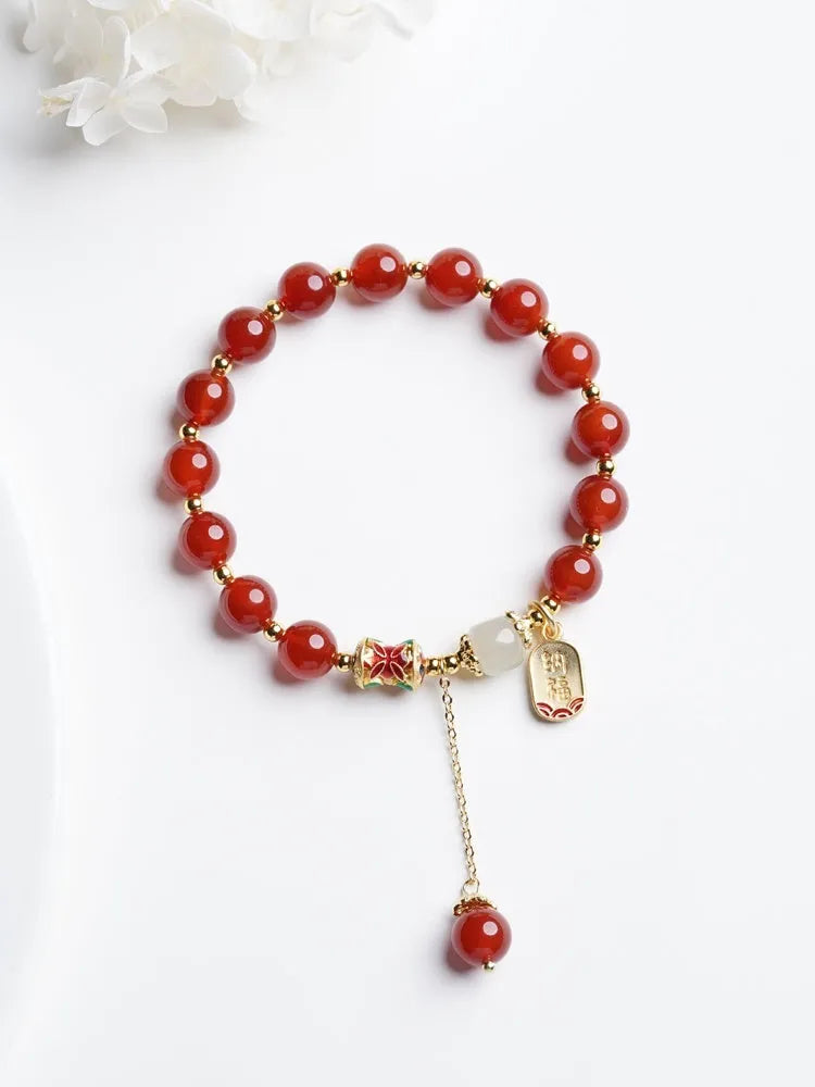 Women's natural crystal bracelet with red agate Hetian jade beads and gold plating in three style variations
