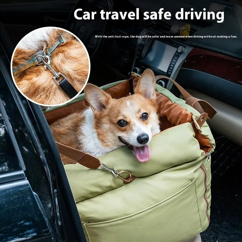 Brown removable cloth cat car kennel cage measuring 55cm by 50cm by 45cm.