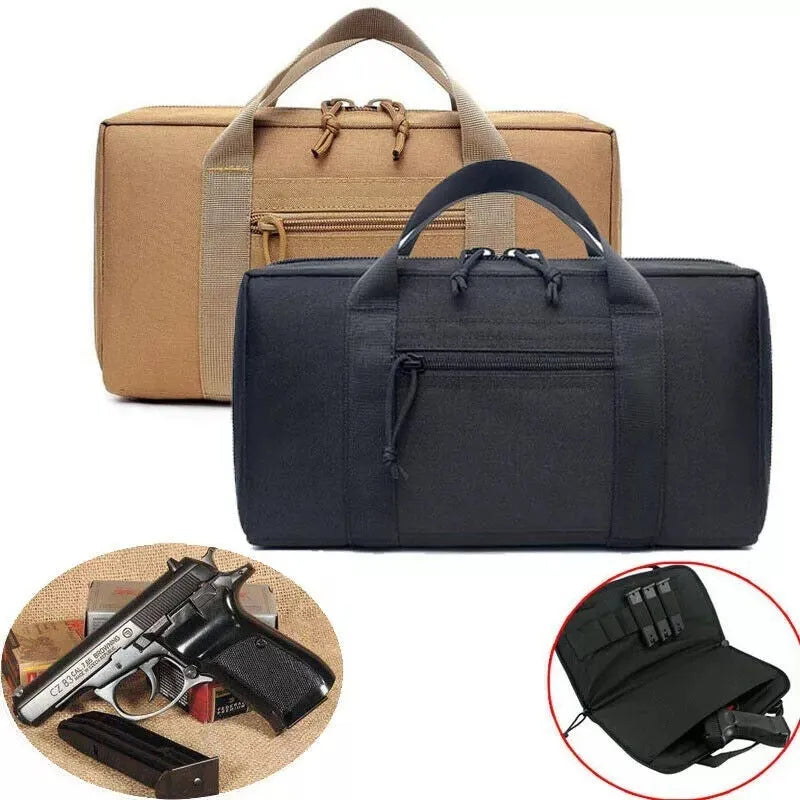 Tactical gun bag in Khaki colour with thick webbing and 15-inch size for pistol storage