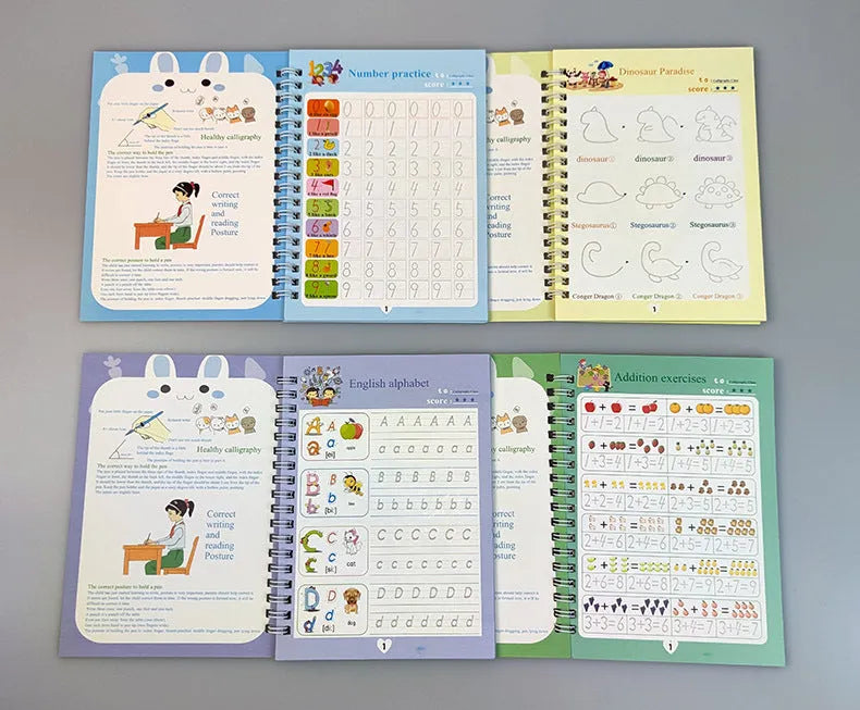Four magic calligraphy copybooks with square slot design and pen set for children's handwriting practice
