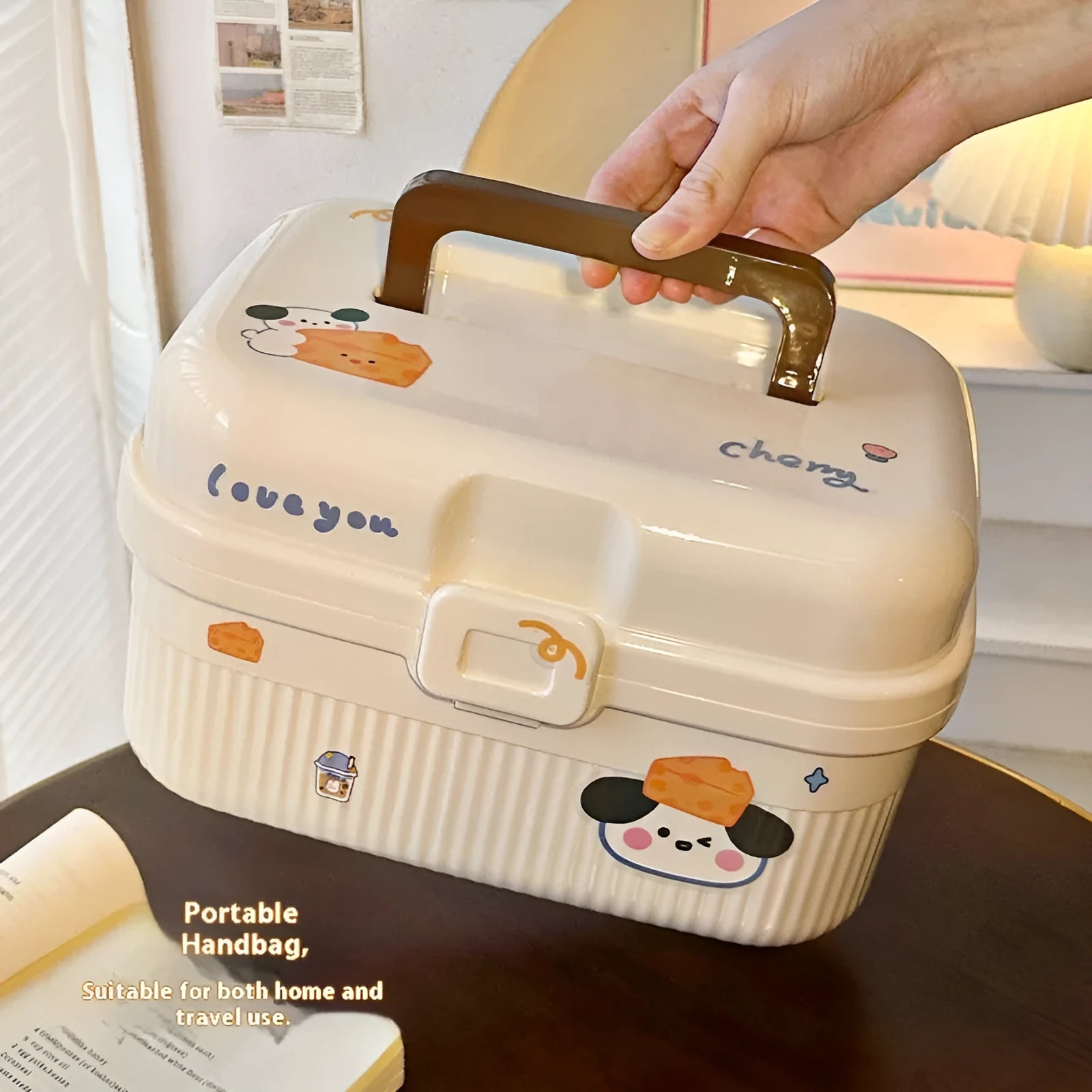 Double-layer plastic storage box with handle showing capacity and included size stickers