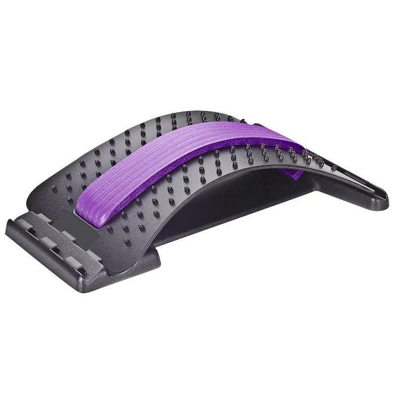 A black back massager and stretcher device with plastic pins and magnetic points on an adjustable frame.