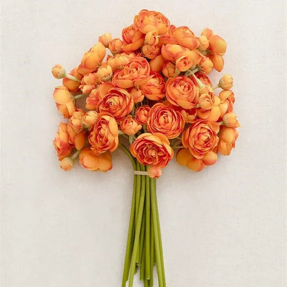 24-head silk tea rose camellia floral stem in pink, 35cm tall, on white background