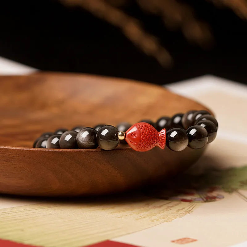 Natural obsidian round bead bracelet with cinnabar details in three size options
