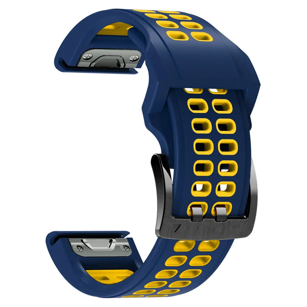 Two-colour quick-release silicone watch strap in black and lime green with pin buckle clasp.
