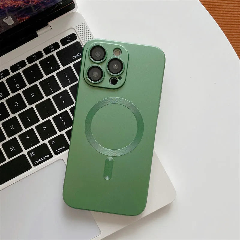 Aluminium alloy frame magnetic protective phone case for iPhone, shown in dark purple colour with nickel piece.