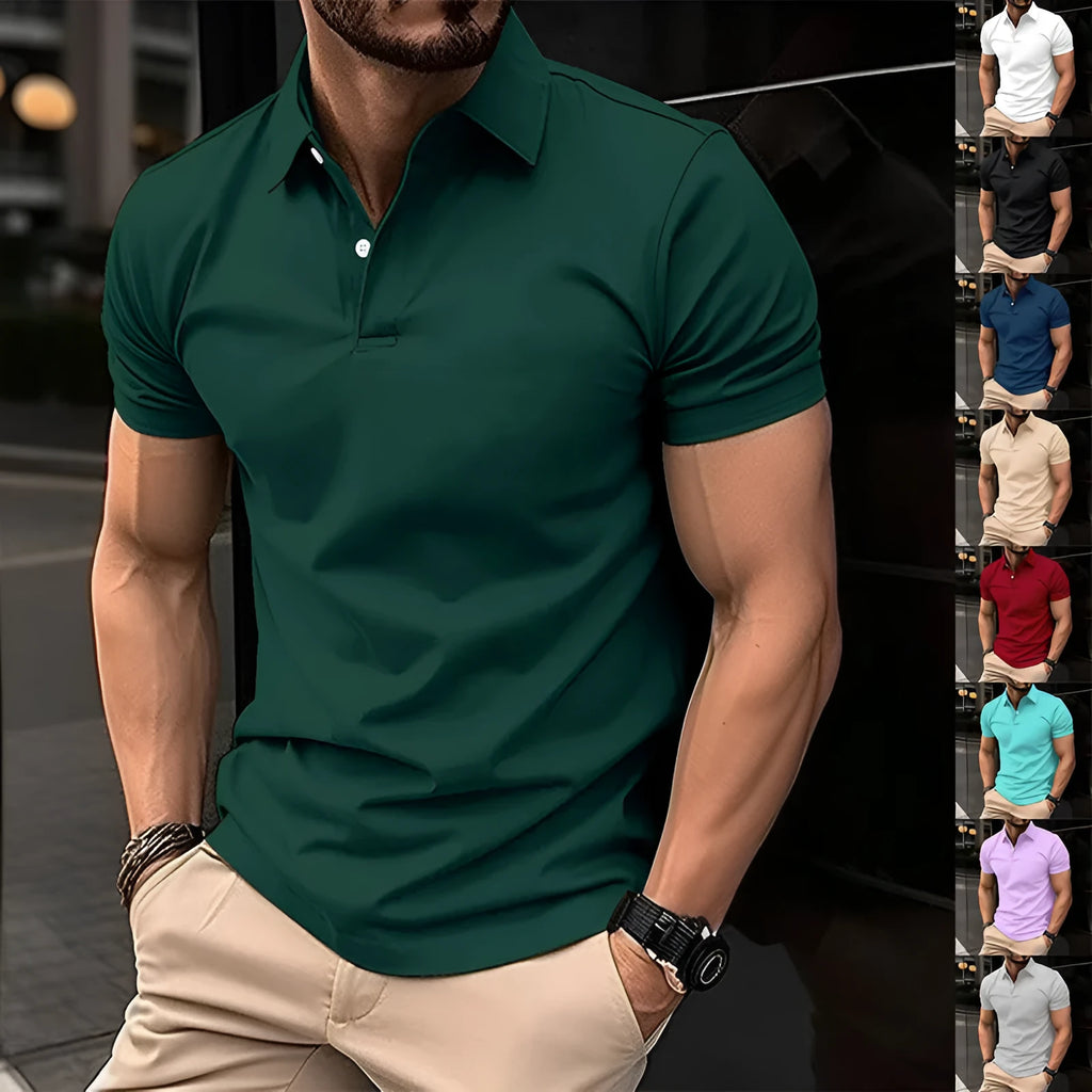 Men's short sleeve polo shirt with button lapel collar in a solid colour.
