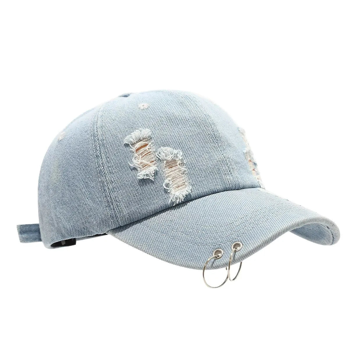 Men's adjustable denim peaked cap in black with dome crown and street style design