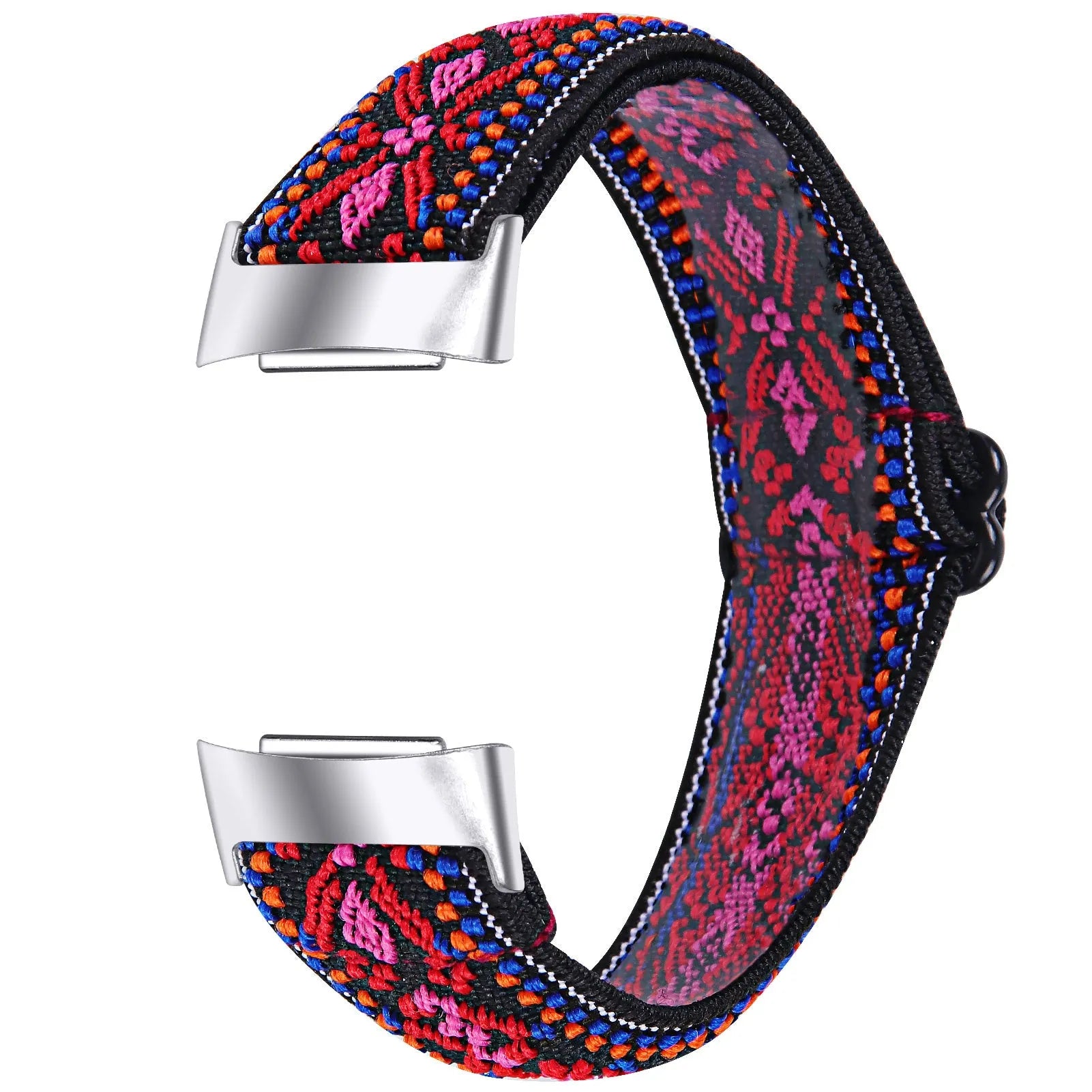 Printed elastic replacement watch strap compatible with Fitbit Charge 6, shown in an adjustable length.