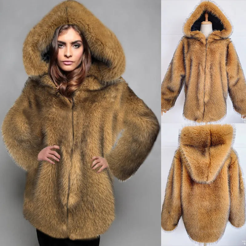 Women's loose mid-length artificial fur coat in silver grey colour showing regular sleeves and midi cut
