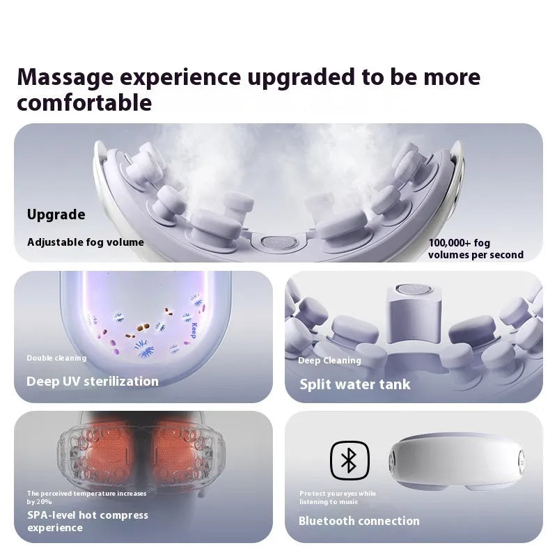 Smart Bluetooth eye moisturising and hot compress massage instrument in green, grey, or purplish grey.