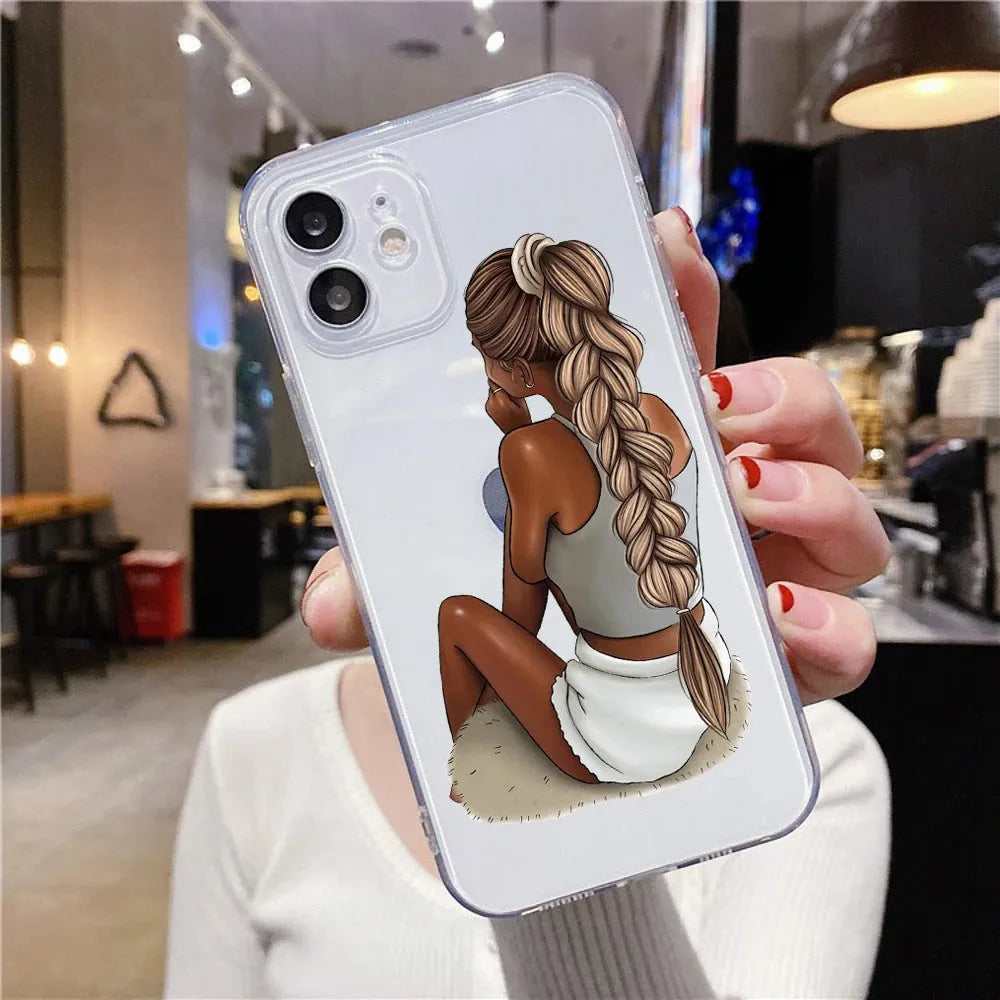 Cute braid bikini girl TPU phone case for iPhone with soft shell and fall protection design.