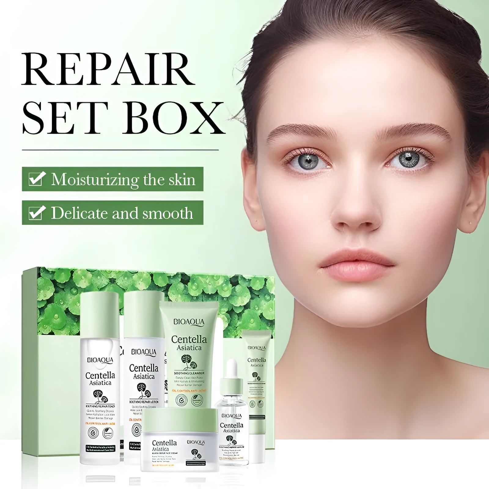 Moisturising Centella asiatica skin care set with six products including cleanser toner lotion eye cream and face cream